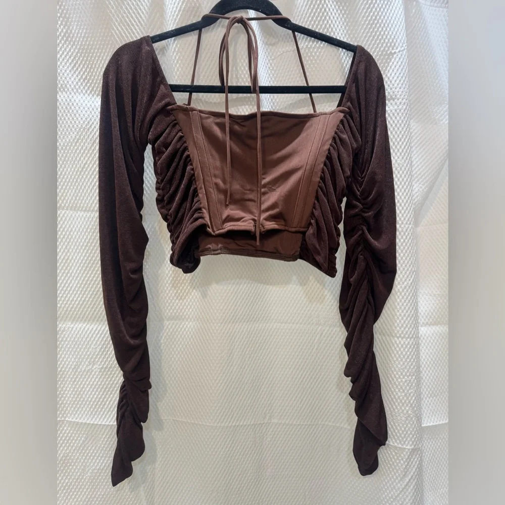 Bad Society Club Brown Ruched Corset Top XL  Long Sleeve Mesh Halter Crop Top - Picture 4 of 9